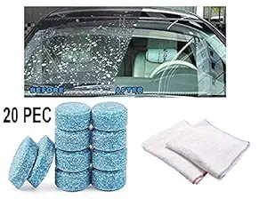 PWX Car Wiper Detergent Effervescent Tablets Washer Auto Windshield Cleaner Glass Wash Cleaning Compact Concentrated Tools (20 PEC) Include 2 PEC Microfiber Cloth