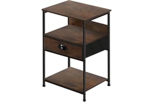 FURWOO Stolik pomocniczy z 3-poziomowym schowkiem, industrialna szafka nocna z szufladami, idealna do sypialni, salonu, (Rustic Brown)