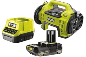 Ryobi - Compresor e inflador 18V - hasta 10,3 Bares - Incluye 3 boquillas de inflado + 1 batería 2,0 Ah + 1 Cargador rápido 2,0 A - R18I-1C20GZL