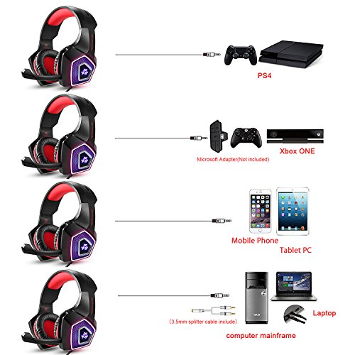 Auriculares gaming TENSWALL para PS4 o PC  serie Hunterspider  Cascos Gaming con cable y LED para PC  Auriculares de diadema con micr  fono y puerto Jack de 3 5 mm  Cascos con sistema de control de volumen y cancelaci  n de ruido compatible con Xbox One  Nintendo Switch  PC  Laptop  Tablet  M  vil  etc   Negro Rojo 