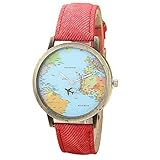 Mini World Unisex Armbanduhr Weltkarte bewegliches Flugzeug als Sekundenzeiger Analog Quarz bronze rot