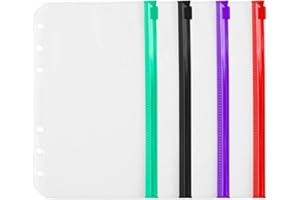 REQAG 4pcs Bolsas de Carpeta de 6 Agujeros de Tamaño A6 Carpetas de Plástico con Cremallera Bolsas Impermeables de Hojas Sueltas con Cremallera de 6 Agujeros para Documentos Cuadernos Tarjetas