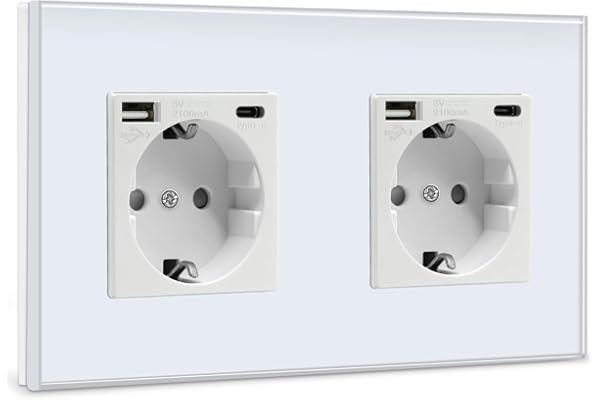 BSEED Doble Enchufe de Pared USB(Max. 2.1A) con Tipo C Port,Blanco Schuko Enchufe,Toma de Corriente con 2 x Cargadores USB y Tipo C Adecuado para Smartphone MP3 Tablet,para Cocina,Dormitorio