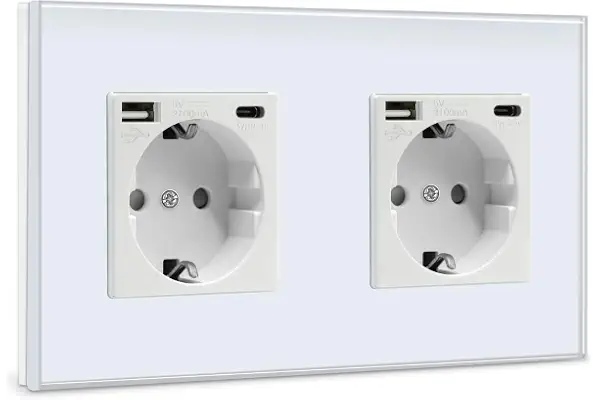 BSEED Doble Enchufe de Pared USB(Max. 2.1A) con Tipo C Port,Blanco Schuko Enchufe,Toma de Corriente con 2 x Cargadores USB y Tipo C Adecuado para Smartphone MP3 Tablet,para Cocina,Dormitorio