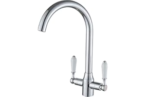 Heable Kitchen Mixer Tap White Ceramic Dual Lever Monobloc Swivel Spout Chrome Kitchen Sink Taps with UK Standard Fittings