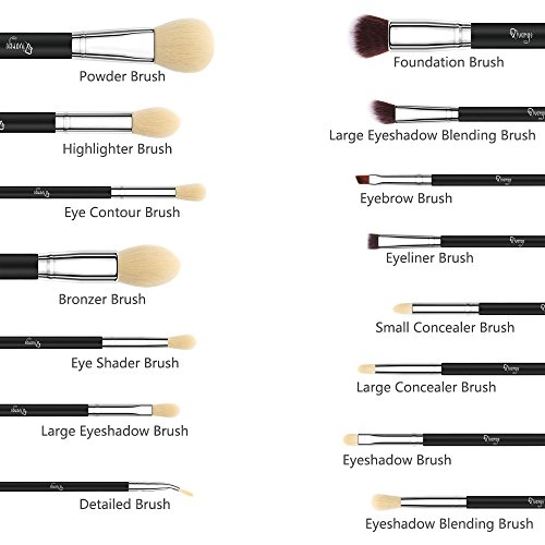 Qivange 15 stück makeup Pinselset synthetisches kosmetik Pinsel Set Foundation Lidschatten Pulver schminkpinsel mit kosmetik Tasche(Schwarz Silber) - 5