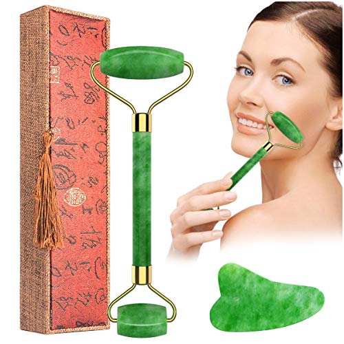 Rodillo Facial de Jade y Raspador Gua Sha, METALBAY Masajeador Facial y Corporal de Jade Natural para Terapia Antienvejecimiento Masaje de Relajación Muscular con Caja Regalo