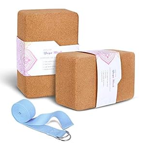 Arltb Cork Yoga Block 2 Pack and yoga Strap Set with Metal D-Ring 4"x6"x9" Cork Yoga Bricks and 8" Yoga Strap Natural and Sustainable Material for Any Type of Yoga Styles (Cork Yoga Block, 4"x6"x9")