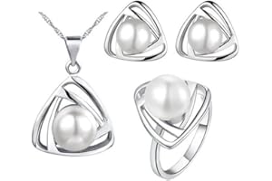 FDEETY Conjunto de joyería para mujer, anillo de perlas simuladas, pendientes, collar, conjuntos de joyería para regalos de boda