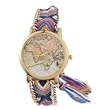 Souarts Damen Blau Geflochten Weltkarte Armbanduhr Quartzuhr Analog Armreif Uhr mit Batterie