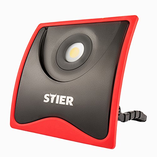 STIER COB-LED Baustrahler I 55W-COB-LED I 5000 Lumen I flexibler Standfuß I 2 Stromanschlüsse I Aluminiumdruckguss I transparente Linse I 8.4V 2A Netzteil