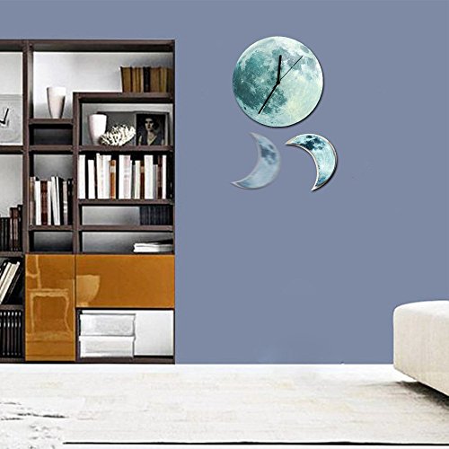 HYSENM Mond leuchtende ruhige nicht-tickende lautlose Pendeluhr Wanduhr mit Pendel im Dunkel leuchtend geeignet für Kinderzimmer Schlafzimmer aus Acryl, Durchmesser 30cm Mondsichel mit Druck - 3