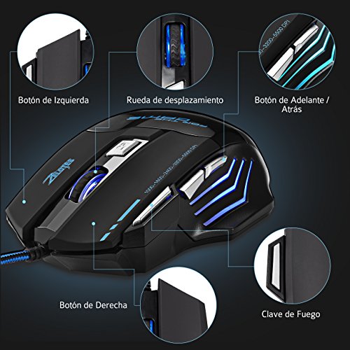  Versi  n Actualizada  TOPELEK Rat  n Gaming con Cable Profesional USB 5500 DPI con 5 Colores Ajustable RGB y 7 Bot  n Compatible con Windows 7  8  10  XP  Vista  ME  2000 y Mac OS