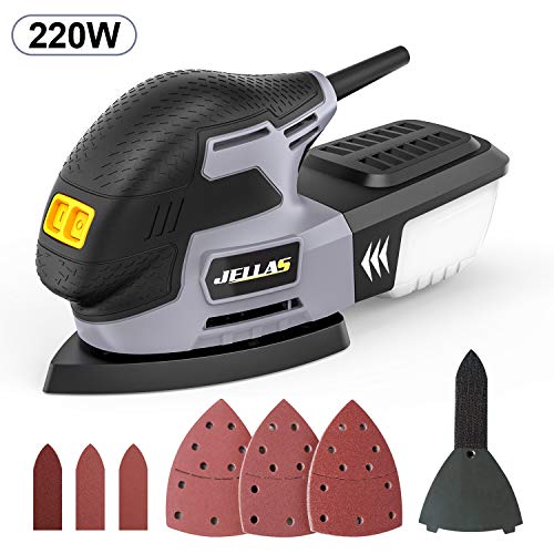 Ponceuse Vibrante 220W - JELLAS 13000 tours minute Ponceuse Triangulaire avec Ramassage de la Poussière, Papiers Abrasifs 16PCS, Fixation à Doigts et Patin de Ponçage Inclus