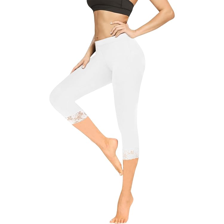 Legging 3/4 Femme - Taille Haute Opaque - Coton Dentelle - Sport été Yoga - Plusieurs Coloris