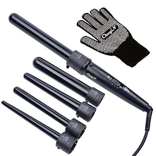 CkeyiN® 5-in-1 Curling Wand Adjustable Temperature 360° Swivel Power Cord Ceramic Barrels Hair Curling Iron Styling Tong with Anti-Heat Glove- Standard UK Plug