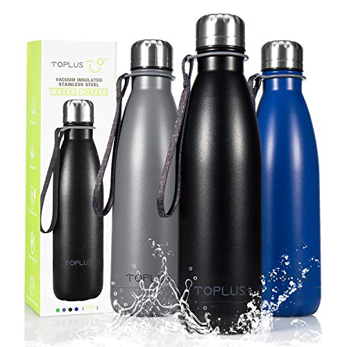 TOPLUS Bouteille d'eau Isotherme 500ml, Gourde Sport, sans BPA, Gourde en Acier Inoxydable 304, 24 Heures Froide 15 Heures Chaudes, Anti-Fuite, avec Une Sangle tissée, pour Sport, Voyage (Noir)