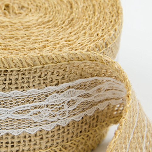2er SET Jute-, Geschenkband mit Spitze für Weihnachtsgeschenke, Blumensträuße und zur Dekoration, Hochzeitsdekorationen, Tischverzierung oder Geburtstagspresente, Schleife, Farbe: Natur/weiß - 3