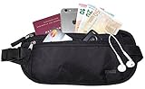 Reise Bauchtasche flach mit RFID-Blockierung für Damen & Herren - Leichte Urlaub Hüfttasche enganliegend | Gürteltasche für Sportler & Reisende | Geldgürtel (Schwarz) I Sicherheits Bauchtasche