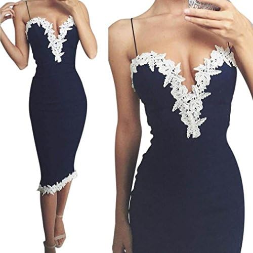 Lenfsh Women Deep V Lace Dresss, Sexy Bodycon V Neck Floral Ladies Long Dress For Evening Party (M, Blue)