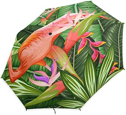 UHONEY Compact Folding Umbrella,Tropical Floral Flamingos,Easy Carrying Travel Rain Umbrella