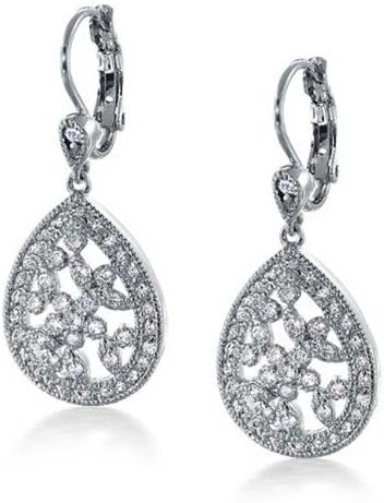 Bling Jewelry Flower Teardrop Clear CZ Leverback Earrings Rhodium Plated Brass