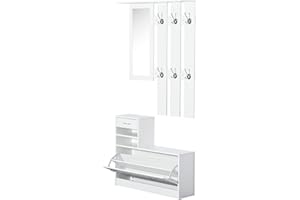HOMCOM Set Mobili Ingresso Moderno con Scarpiera e Specchio, Appendiabiti da Ingresso con 6 Ganci, 2 Ripiani Regolabili e Cassetti in Legno per Corridoio, 90x24x177 cm, Bianco