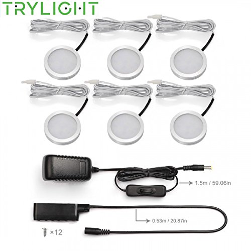 Preisvergleich Produktbild TryLight LED 2W*6er Schrankleuchten Unterbauleuchte, rund Aluminium Vitrinenbeleuchtung dimmbar, Warmes Weiß,960lm 12W, 120° Abstrahlwinkel, LED Schrank Lichter, Küche Beleuchtung, Weinschrank Beleuchtung mit schalter