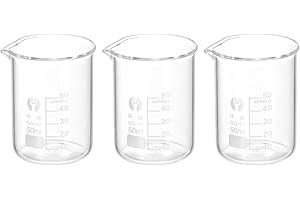 PATIKIL 3Stk 50ml Niedrig Form Glasbecher 3.3 Borosilikatglas Skalierte Bedruckte Messbecher mit Ausguss für Küche Labor Flüssigkeiten