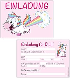 15er Kartenset Einladungskarten Kindergeburtstag Mädchen, Unicorn Geburtstags-Party, Einladungen ...