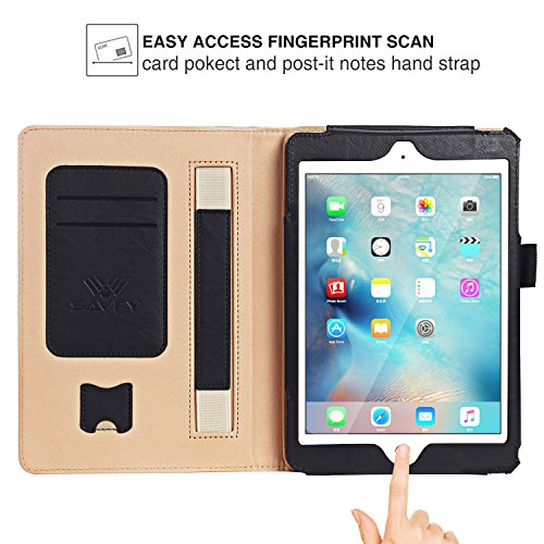 SAVFY iPad Mini 1/2/3 Hülle Auto Sleep Wake up Funktion Business Serie Case Smart Cover mit Klettverschluss Handschlaufe, Kartensteckplätze schwarz - 2