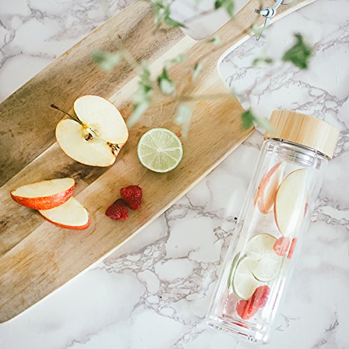 Monsuri 450ml doppelwandige infuser Trinkflasche glas für Tee Aufguss und Frucht infundiert Wasser mit einem Bambusholz-Deckel, einer Neopren Schutzhülle und einem einzigartigen, trennbaren 2 in 1 Edelstahl-Sieb. Tragbare, kompakte und wiederbefüllbare Isolierflasche, Teebereiter to go, Thermobecher mit teesieb, Infusion Bottle, groß tee-glas, Teekanne für losen Blatt-Tee, Früchtetee, ätherisches Öl, Eistee, Kaffee, einen Smoothie, oder eine Detox-Diät - 4