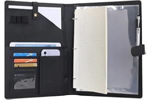 Wonderpool Porte-documents en Cuir A4 Padfolio Anneaux Planchettes à pince Classeur Ramovible avec Portebloc Notes et Organiseur Multi-poches pour Bureau Conférence Réunion et Travail (Noir)