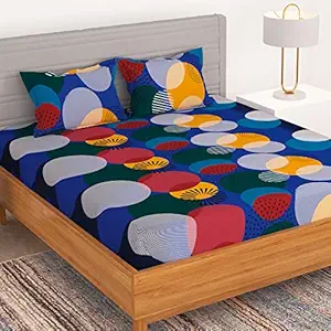 Bedspun - Bedsheet Flora Collection, Glaze Cotton Bedsheet, Glaze Cotton Double Bedsheets with 150 TC, Double - Queen Size Bedsheet & 2 Pillow Covers (Abstract, Blue)