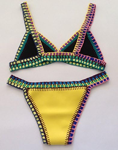 Zest Direct UK Yellow Neoprene Crochet Trimmed Bikini Set Ladies Scuba Handmade Holiday Swimwear Beachwear (Large - UK12)