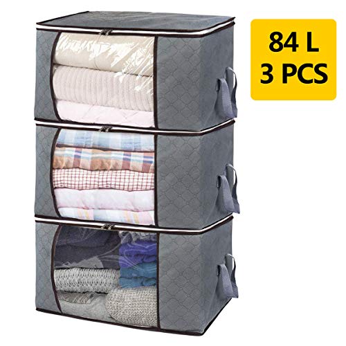 84L Bolsa de Almacenamiento de Ropa de Gran Capacidad, 3 Piezas Bolsas de Almacenaje Plegable Organizador de Tela Resistente en Gruesa no Tejida con Cremallera Robusta para Edredones Mantas, Gris