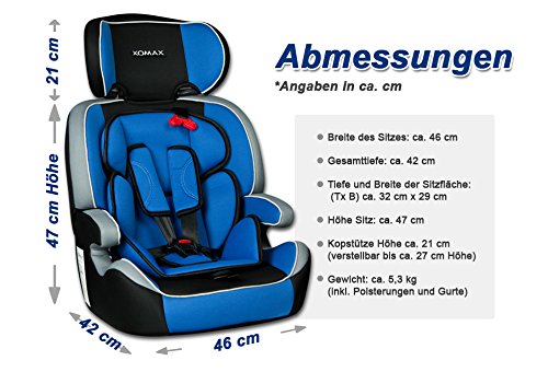 XOMAX XM-K4 BLUE Autokindersitz + Gruppe I / II / III (9 – 36 kg) + ECE R44/04 geprüft + Farbe: Blau, Schwarz, Grau + mitwachsend + 5-Punkte-Sicherheitsgurt + Kopfstütze verstellbar + Rückenlehne abnehmbar / Bezüge abnehmbar & waschbar - 9