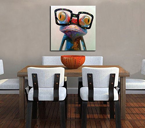 fokenzary pintado a mano de pintura al óleo, diseño de rana con gafas sobre lienzo estirada y enmarcado listo para colgar, 40x40in