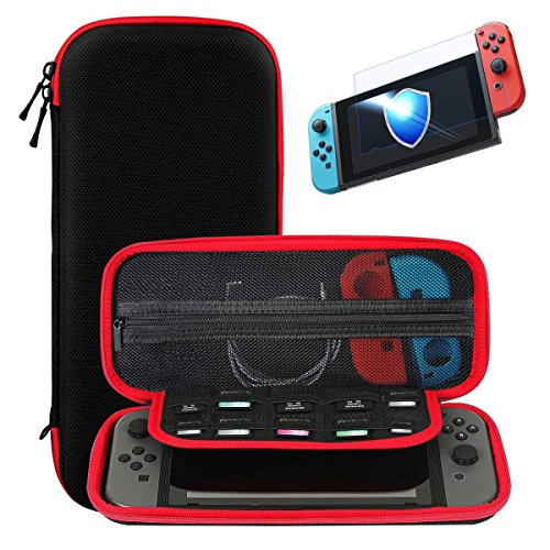 Nintendo Switch trasporta la custodia + Protezione vetrata in vetro temperato premio, SHareconn Portatile Custodia protettiva per custodia da viaggio con coperture rigide con 10 giochi per Nintendo Switch Consolle & Accessori (Nero & rosso)