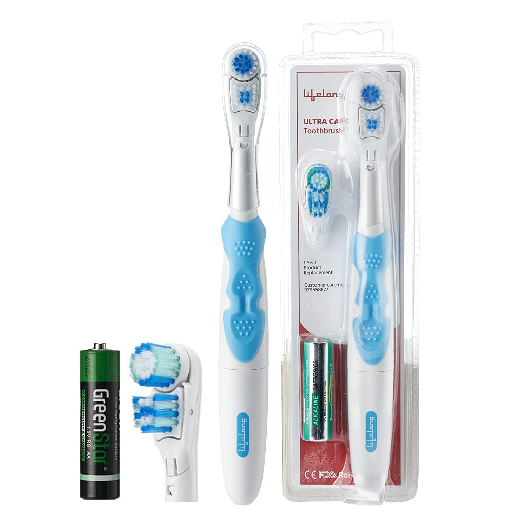 Lifelong Ultra Battery Powered Toothbrush for Adults with Free Clove Dental Care Plan,Replacable Heads - Soft Floss Tip & Spi
