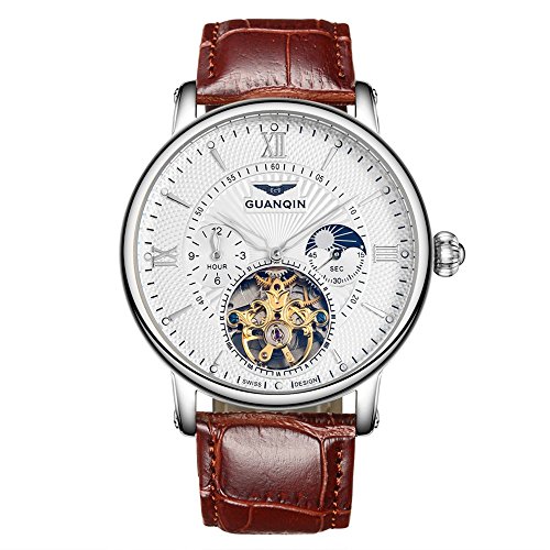 GUANQIN Analog Uhr Herren Sport Automatik Mechanische Edelstahl und Leder Armbanduhr Mond Phase Leuchtend Silber Wei Braun GUANQIN Analog Uhr Herren Sport Automatik Mechanische Edelstahl und Leder Armbanduhr Mond Phase Leuchtend Silber Wei Braun