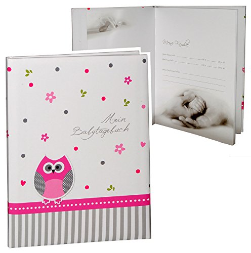 Babytagebuch - Baby - " Eule & Blumen " - Gebunden zum Einkleben & Eintragen - groß - Fotobuch / Fotoalbum / Babyalbum / Album - für Mädchen - Kinder Babys Neugeborene / zur Geburt