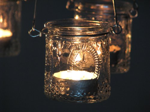 Windlicht, Gartenlaterne, Hängeleuchter, Kerzenhalter, Nostalgie-Kerzenleuchter „Lilie“, Metall Weiss gewischt im Shabby-Used-Look, Ø 36 cm und 6 Teelichthaltern. - 6