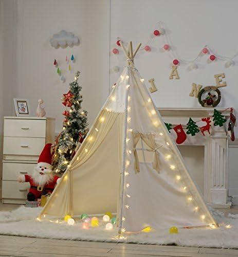 DalosDream 4 Poles Gaint Kids Teepee Tent -100% Natural Canvas Children Play Tent-Lace