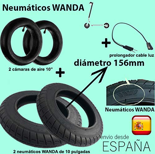 androgeek Pack 2 Neumáticos Wanda de 10' (156mm) +2 cámaras de 10` + prolongador Cable de luz parapatinete Xiaomi Mijia M365 / M365 Pro