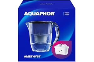 AQUAPHOR Ametyst czarny z 1 dzbankiem filtrującym MaxFOR+, karafka na 2,8 l, pasuje do drzwi lodówki, redukuje wapno i chlor, stołowy filtr do wody, stylowy pojemnik