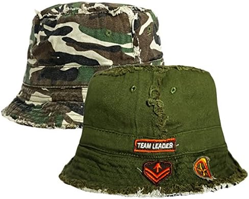 Boys Team Leader Reversible Frayed Seam Bucket Style Beach Hat (6-12 Years (55cm), Dark Khaki)
