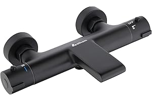 AiHom Mitigeur de Baignoire Cascade Thermostatique pour Baignoire,Noir Mitigeur Thermostatique Bain Douche avec Bouton Sécurisé à 38°C en Laiton pour Salle de Bain