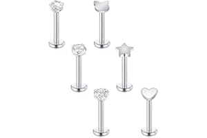 Briana Williams 6pcs Tragus Earrings Silver Stainless Steel Lip Bars Labret Stud Set 6mm 16G Flat Back Piercing Jewellery