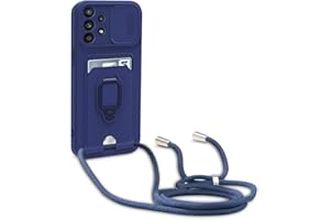 Dllatui Handyhülle Kompatibel mit Samsung Galaxy A52 5G/4G/A52s 5G Halsband Lanyard Silikonhülle,mit Kamera Schutz Schieber,Drehbarer Ständer mit Kartenfach Necklace Hülle (Blau)